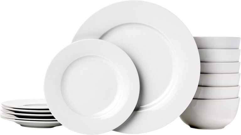 Amazon Basics Porcelain Dinnerware Set, Microwave and Dishwasher Safe, Service for 6, 18-Piece, Plates, Bowls, White