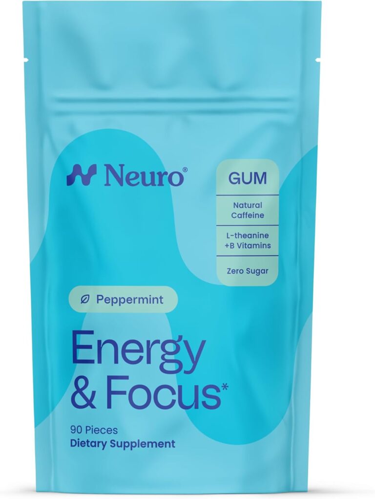 Neuro Energy & Focus Gum - 40mg Natural Caffeine Gum & Nootropic Energy Supplement with L-Theanine & B Vitamins - Sugar Free, Vegan - Peppermint, 90ct