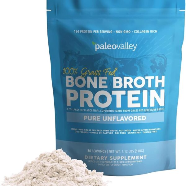 Paleovalley 100% Grass Fed Beef Bone Broth Protein Powder - Rich in Collagen Peptides for Hair, Skin, Gut Health, Bone and Joint Support - 15g Protein Per Serving - No Gluten or GMOs