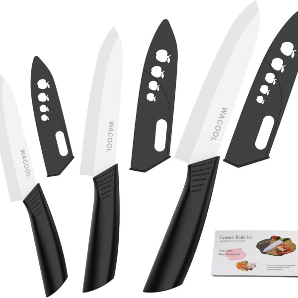 WACOOL Ceramic Knife Set with Sheaths, include 3-Piece: 6-inch Chef's Knife, 5-inch Utility Knife, 4-inch Fruit Paring Knife (Black Handle)