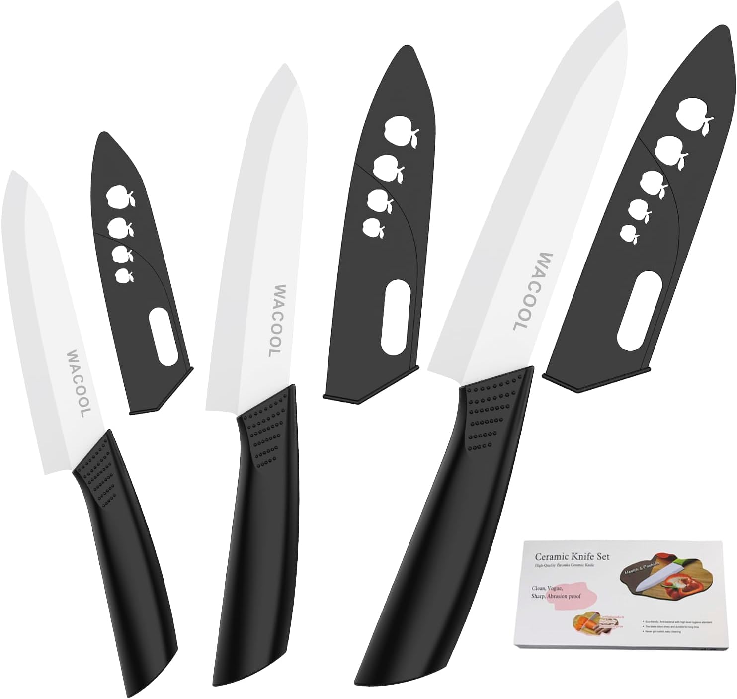 WACOOL Ceramic Knife Set with Sheaths, include 3-Piece: 6-inch Chef's Knife, 5-inch Utility Knife, 4-inch Fruit Paring Knife (Black Handle) WACOOL Ceramic Knife Set with Sheaths, include 3-Piece: 6-inch Chef's Knife, 5-inch Utility Knife, 4-inch Fruit Paring Knife (Black Handle)