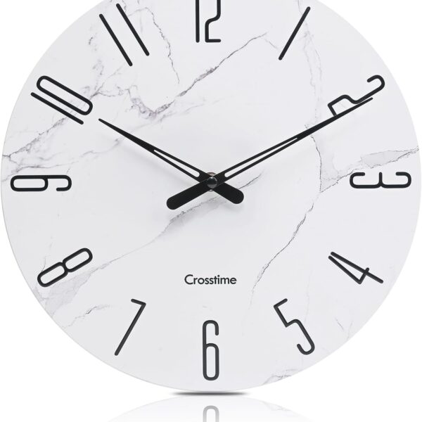 Wall Clock White Marble Theme Modern Decorative Waterproof Glass Clock for Bathroom Kitchen Home, 12 Inch Battery Operated
