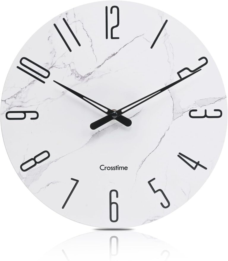 Wall Clock White Marble Theme Modern Decorative Waterproof Glass Clock for Bathroom Kitchen Home, 12 Inch Battery Operated