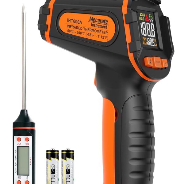 Mecurate Infrared Thermometer Gun -58F to 1112F, Laser Temperature Gun with Adjustable Emissivity, Max/Min/Hold for Cooking, BBQ, Freezer, Industrial Use,with Long Probe Meat Thermometer