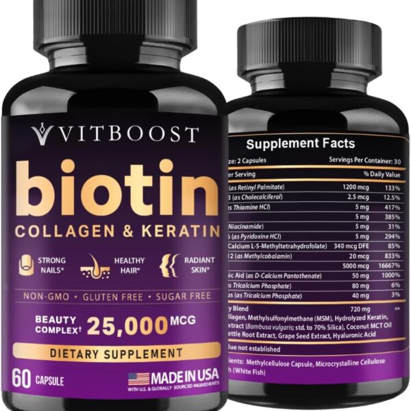 VITBOOST Biotin with Hyaluronic Acid, Collagen and Keratin  25000 mcg Hair Growth Vitamins for Men and Women  Nails and Skin, USA Made - Third Party Tested, B1, B2, B3, B6, B7 Complex - 60 Capsules