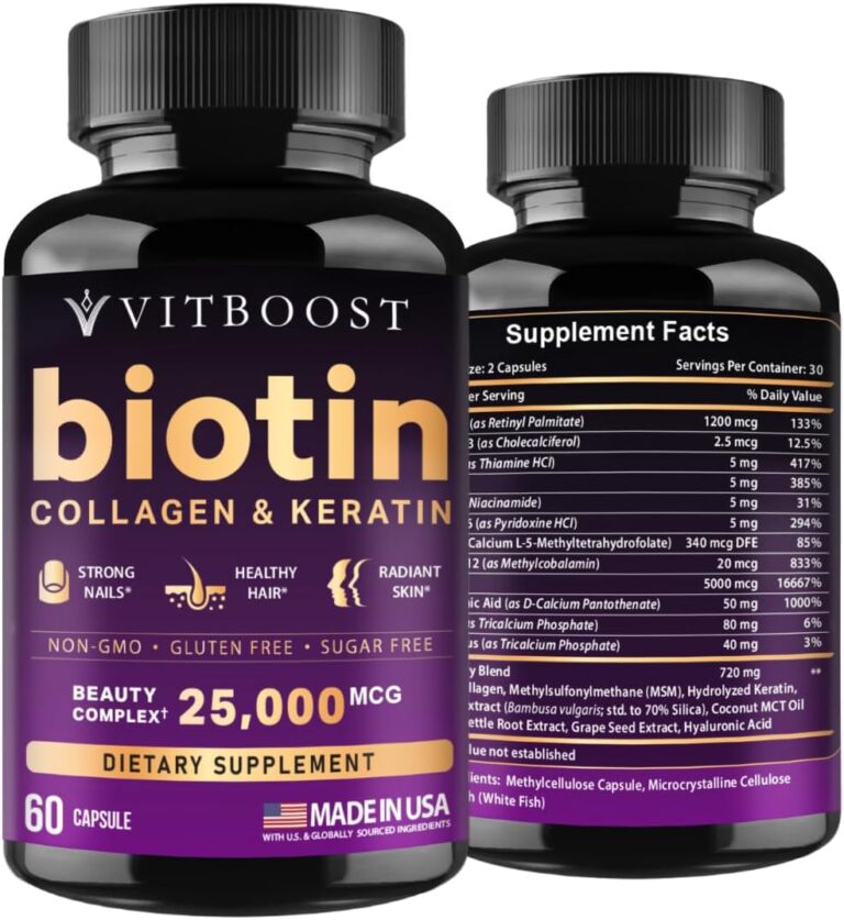 VITBOOST Biotin with Hyaluronic Acid, Collagen and Keratin  25000 mcg Hair Growth Vitamins for Men and Women  Nails and Skin, USA Made - Third Party Tested, B1, B2, B3, B6, B7 Complex - 60 Capsules