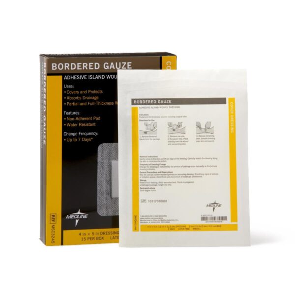 Medline Sterile Bordered Gauze Adhesive Island Wound Dressing, 4" x 5" with 2" x 2.5" Pad - Count of 15