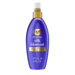 OGX Protecting + Silk Blowout Quick Drying Thermal Protection Spray, Heat Protectant Spray Shields Hair up to 450F For Soft, Shiny Hair and Big, Beautiful Blowouts, Light Hold, 6 fl. oz