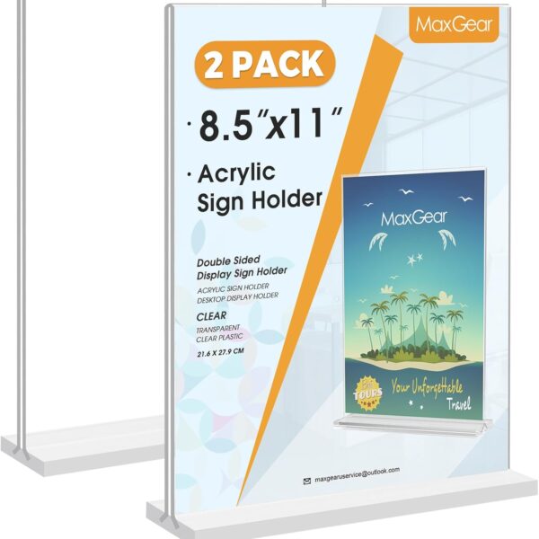 MaxGear Acrylic Sign Holder 8.5x11 Inches 2 Pack, Double Sided Clear Display Stand Table Top Paper Holder, Vertical Menu Flyer Stand, Plastic Frame for Stores, Restaurants, Hotels, Office