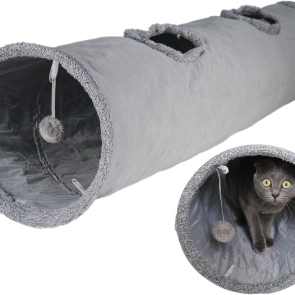 Cat Tunnel for Indoor Cats, 5112 inch Foldable Big Cat Tunnel, Grey Suede Pet Tunnels with Two Peepholes and a Bubble Ball