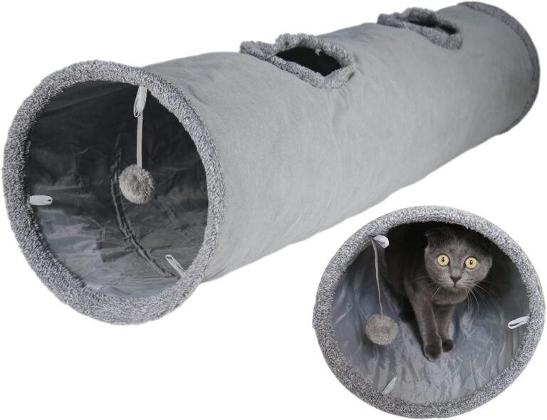 Cat Tunnel for Indoor Cats, 5112 inch Foldable Big Cat Tunnel, Grey Suede Pet Tunnels with Two Peepholes and a Bubble Ball