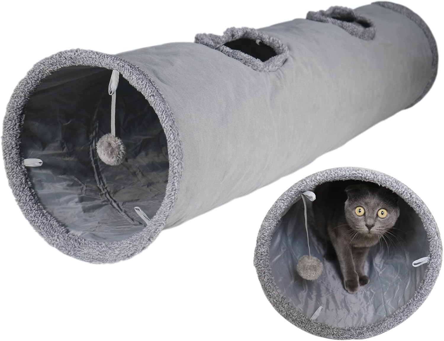 Cat Tunnel for Indoor Cats, 5112 inch Foldable Big Cat Tunnel, Grey Suede Pet Tunnels with Two Peepholes and a Bubble Ball Cat Tunnel for Indoor Cats, 5112 inch Foldable Big Cat Tunnel, Grey Suede Pet Tunnels with Two Peepholes and a Bubble Ball