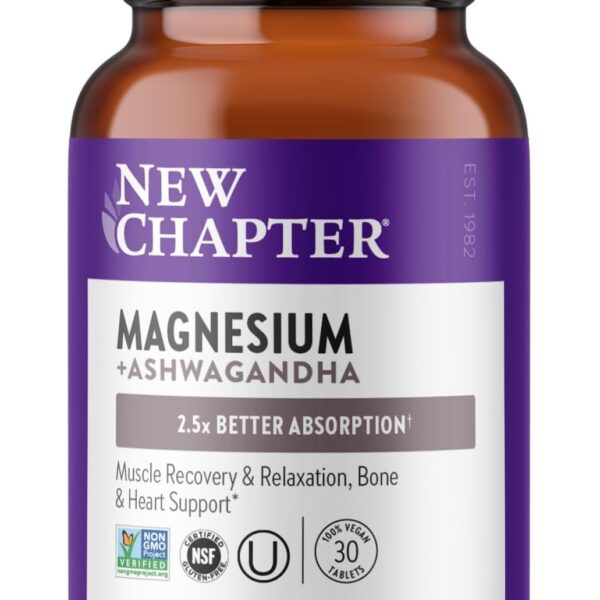 New Chapter Magnesium + Ashwagandha Supplement, 325 mg with Magnesium Glycinate for Muscle Relaxation & Recovery, Heart, Nerve & Bone Health, 2.5X Absorption, Non-GMO - 30 ct (1 Month Supply)