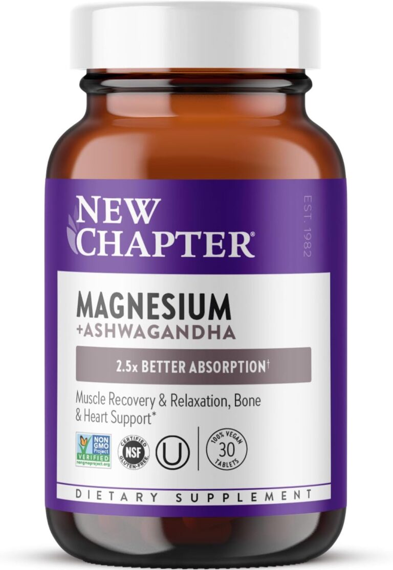 New Chapter Magnesium + Ashwagandha Supplement, 325 mg with Magnesium Glycinate for Muscle Relaxation & Recovery, Heart, Nerve & Bone Health, 2.5X Absorption, Non-GMO - 30 ct (1 Month Supply)