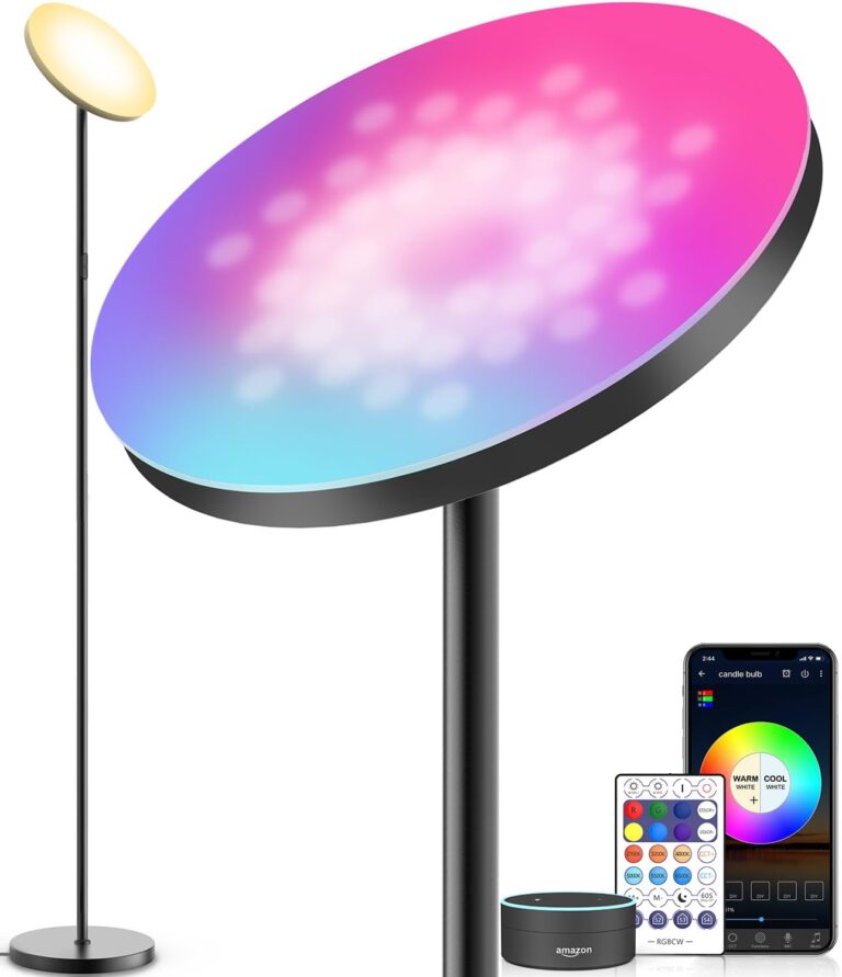 YHW Smart RGB LED Floor Lamp Works with Alexa Google Home, WiFi Remote Modern Tall Standing Light, Super Bright 2000LM Color Changing & Dimmable Sky Torchiere for Living Room, Bedroom (Black)