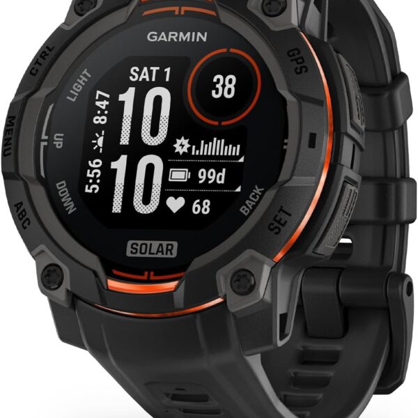 Garmin Instinct 3 45mm, Solar Charged Display, Rugged Outdoor GPS Smartwatch, Metal-Reinforced Bezel, Built-in Flashlight, Black