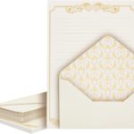 Paper Junkie Letter Paper & Envelopes Set - 60 Sheets (7.2 x 10.2 In) & 30 Ivory Envelopes (4 x 7.7 in), Gold Border, 100 GSM - Vintage Lined Stationery for Love Letters & Invitations
