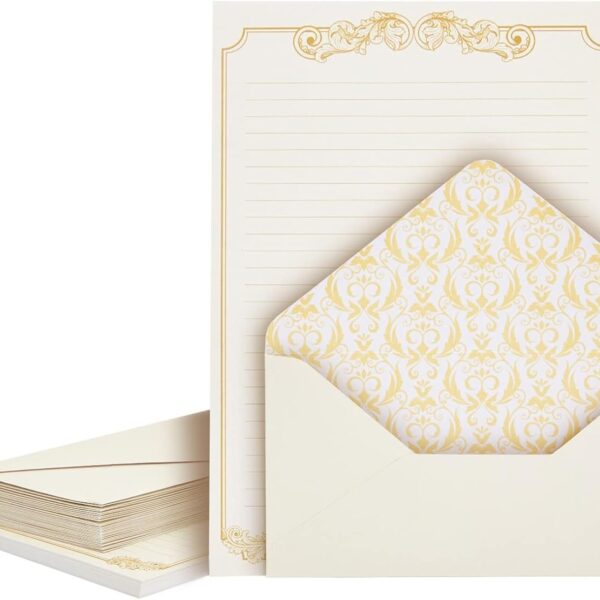 Paper Junkie Letter Paper & Envelopes Set - 60 Sheets (7.2 x 10.2 In) & 30 Ivory Envelopes (4 x 7.7 in), Gold Border, 100 GSM - Vintage Lined Stationery for Love Letters & Invitations