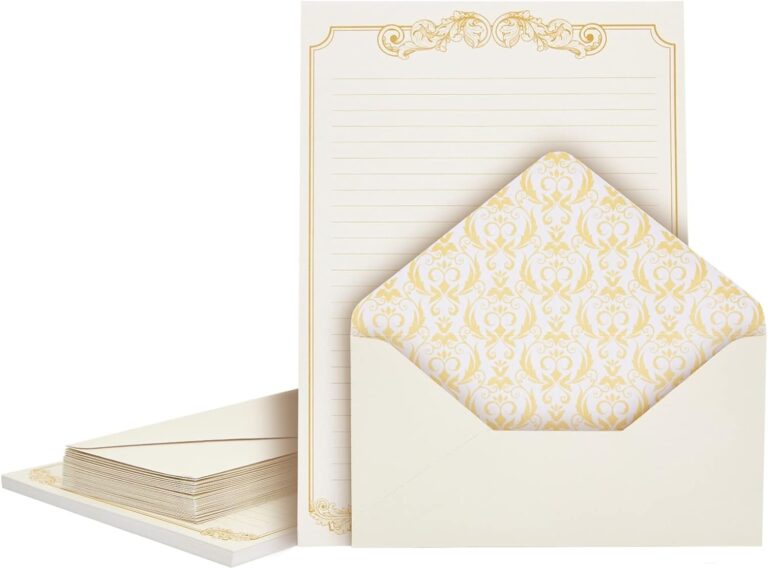 Paper Junkie Letter Paper & Envelopes Set - 60 Sheets (7.2 x 10.2 In) & 30 Ivory Envelopes (4 x 7.7 in), Gold Border, 100 GSM - Vintage Lined Stationery for Love Letters & Invitations