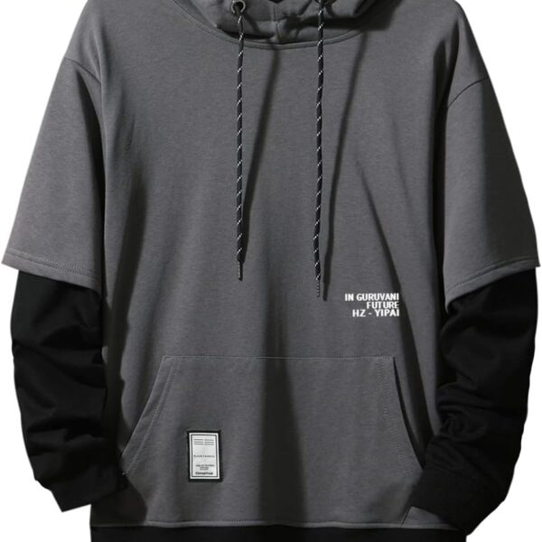 GURUNVANI Contrast Color Pullover Hoodie Mens Patchwork Hoodies Men