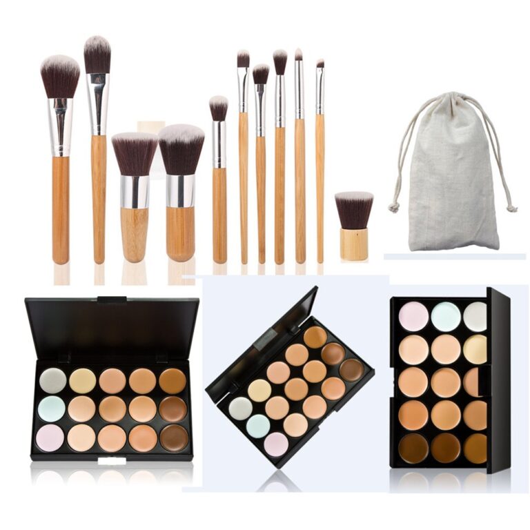 Pure Vie 15 Colors Hydrating & Long-Lasting Cream Contour Palette Color Corrector Cream Concealers For Camouflaging Discoloration Dullness + 11 Pcs Foundation Blush Powder Eye Shadows Makeup Brushs