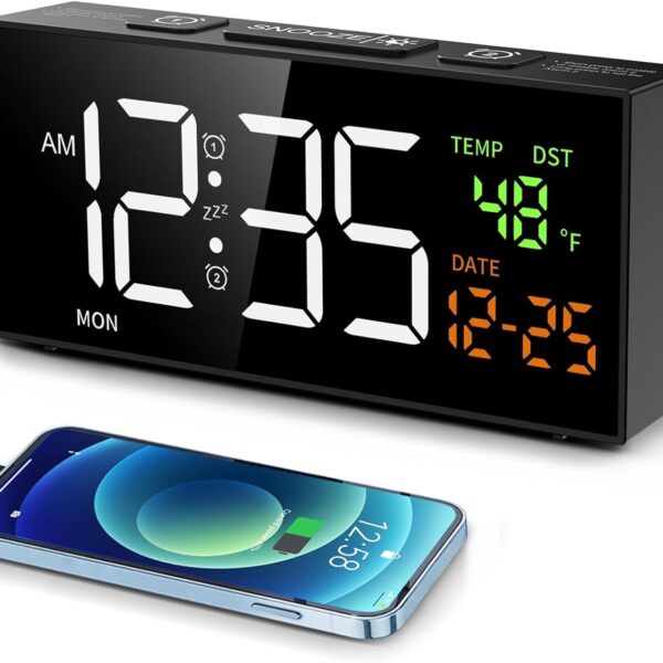 Netzu Alarm Clocks for Bedrooms, Digital Clock with Date Temperature and Weekday, Manual DST, Snooze, 2 Alarms, 4 Volumes for Living Room Home Bedside Desk (Black)