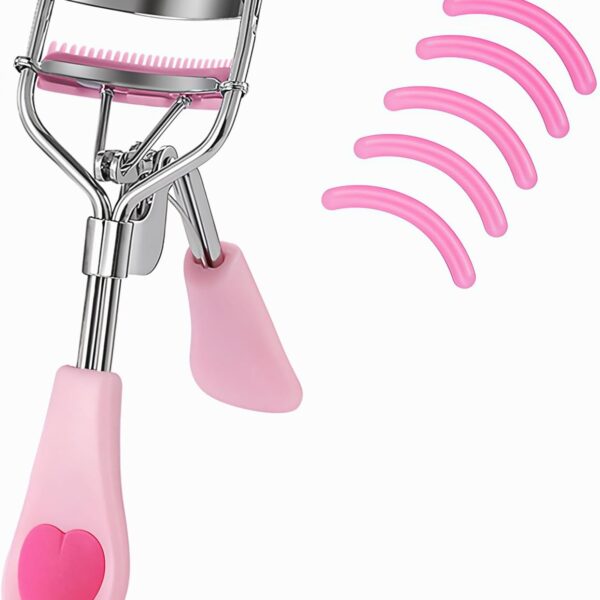 Stainless Steel Eyelash Curler with Built-in Comb Pinch Pain-Free Suitable for Any Eye Shapes and Sizes, with 5 Silicone Refill Pads (Light Pink)