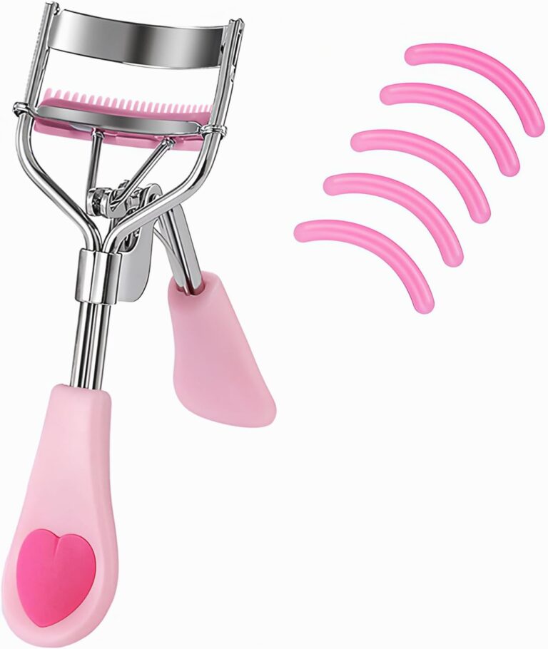 Stainless Steel Eyelash Curler with Built-in Comb Pinch Pain-Free Suitable for Any Eye Shapes and Sizes, with 5 Silicone Refill Pads (Light Pink)