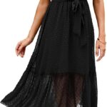 BTFBM Women Summer Bohemian Floral Casual Wrap V Neck Ruffle Cap Sleeveless Belt A-Line Pleated Hem Midi Sun Dress White