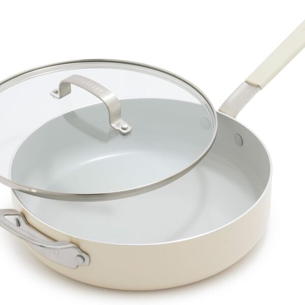 GreenPan x Bobby Flay 4.5QT Nonstick Saute Pan with Glass Lid, PFAS-Free Diamond Ceramic, Induction Suitable, Stay-Cool Silicone Handle, Easy Clean Dishwasher & Oven Safe, Cream