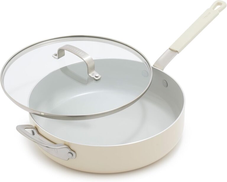 GreenPan x Bobby Flay 4.5QT Nonstick Saute Pan with Glass Lid, PFAS-Free Diamond Ceramic, Induction Suitable, Stay-Cool Silicone Handle, Easy Clean Dishwasher & Oven Safe, Cream