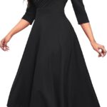 Nmoder Women's Casual Wrap Flared Midi Dress Wedding Guest Cocktail Tea Dresses A-Line Swing V-Neck 3/4 Sleeve