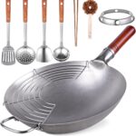 Carbon Steel Wok Traditional Hand Hammered - 13.4" Chinese Woks Round Bottom Wok Pan Set with 8 Pcs Cookware Accessories