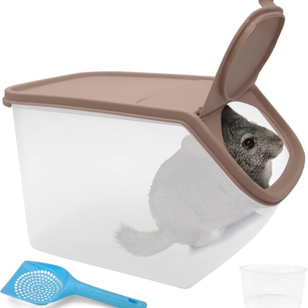 BNOSDM Chinchilla Sand Bath Container Chinchilla Dust Bath Tub Transparent Hamster Toilet Shower Room Plastic Hamster Bathroom Kit with Sand Cup&Scoop for Gerbil Hedgehog Squirrel (Coffee)