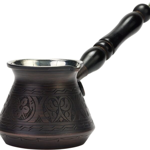 DEMMEX Thickest Copper Turkish Greek Arabic Coffee Pot, Stovetop Coffee Maker, Cezve Ibrik Briki with Wooden Handle & Spoon, Hand Engraved (Antique Copper, 9 Ounces)