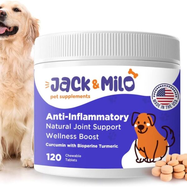 Jack & Milo Supplement Anti Inflammatory for Dogs with Turmeric, Hip, and Joint - Dog Arthritis Pain Relief, Support for Mobility & Wellness, USA Made-GMP Certified, Non-GMO, 120 Tablets