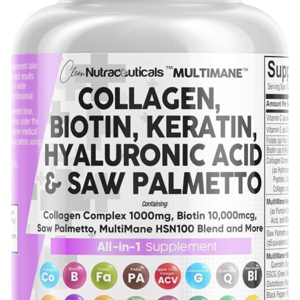 Clean Nutraceuticals Collagen Pills 1000mg Biotin 10000mcg Keratin Saw Palmetto Hyaluronic Acid - Hair Skin & Nails Vitamins & DHT Blocker with Vitamin E Folic Acid Pumpkin Seed MSM - 90 Count