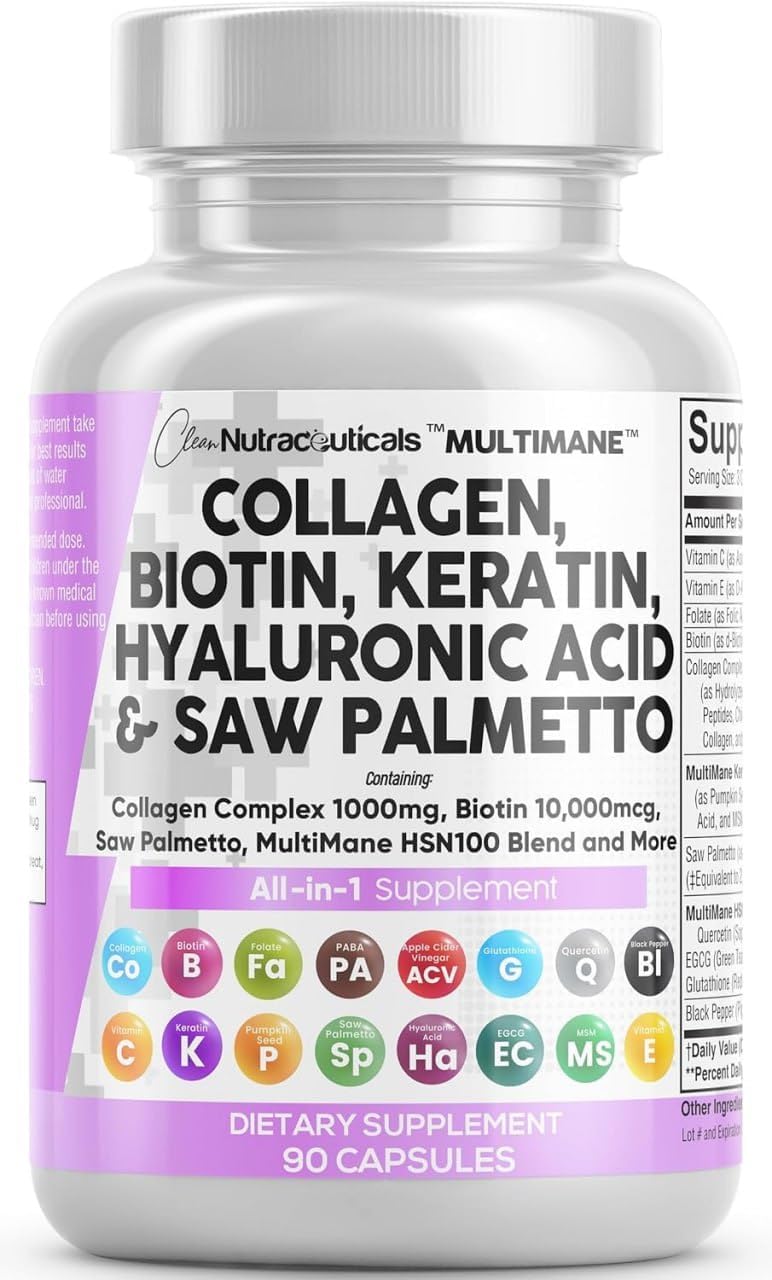 Clean Nutraceuticals Collagen Pills 1000mg Biotin 10000mcg Keratin Saw Palmetto Hyaluronic Acid - Hair Skin & Nails Vitamins & DHT Blocker with Vitamin E Folic Acid Pumpkin Seed MSM - 90 Count Clean Nutraceuticals Collagen Pills 1000mg Biotin 10000mcg Keratin Saw Palmetto Hyaluronic Acid - Hair Skin & Nails Vitamins & DHT Blocker with Vitamin E Folic Acid Pumpkin Seed MSM - 90 Count