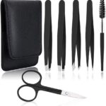 6 PCS Professional Tweezers Set - Stainless Steel Precision Tweezer Kit for Eyebrows, Facial Hair, Ingrown Hair & Splinter Removal with Travel Case (Black)