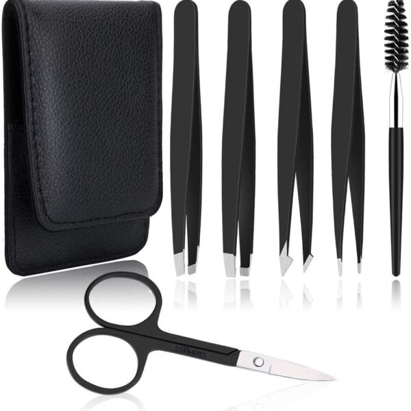6 PCS Professional Tweezers Set - Stainless Steel Precision Tweezer Kit for Eyebrows, Facial Hair, Ingrown Hair & Splinter Removal with Travel Case (Black)