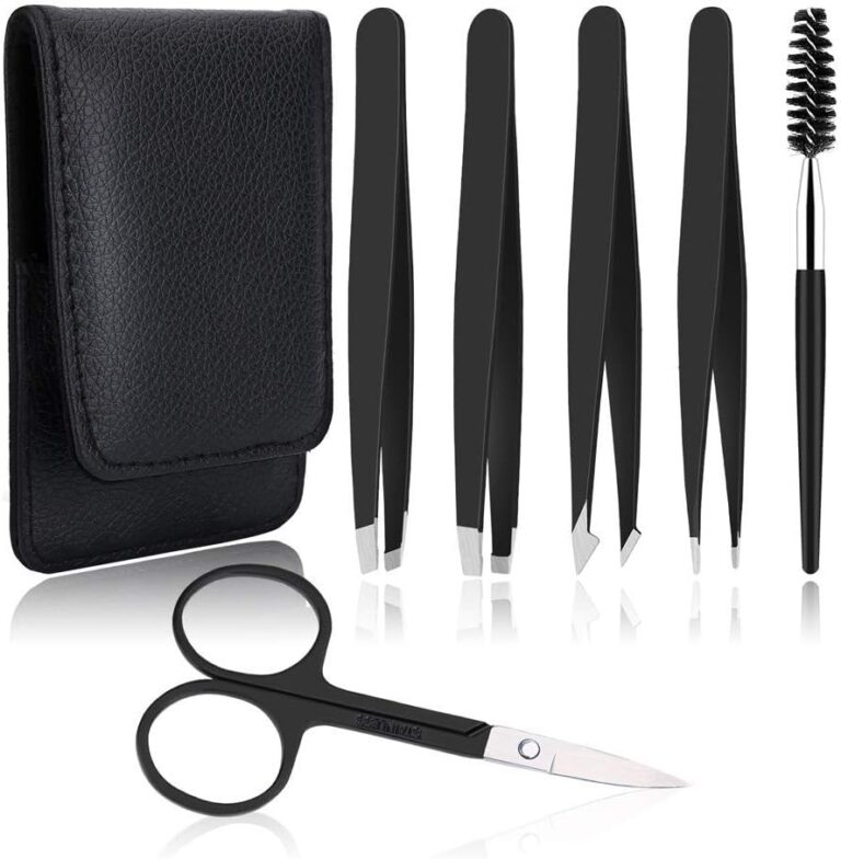 6 PCS Professional Tweezers Set - Stainless Steel Precision Tweezer Kit for Eyebrows, Facial Hair, Ingrown Hair & Splinter Removal with Travel Case (Black)