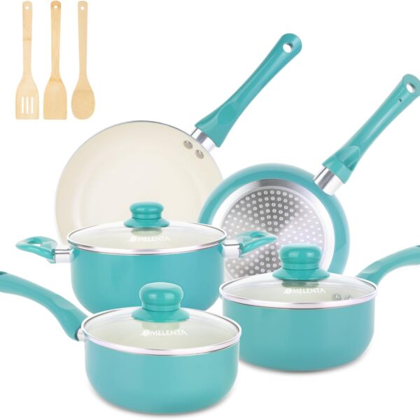 Pots and Pans Set Nonstick, 11pcs Kitchen Cookware Sets Induction Cookware, Ceramic Non Stick Cooking Set, Stay Cool Handle & Bamboo Kitchen Utensils, 100% PFOA Free, Turquoise