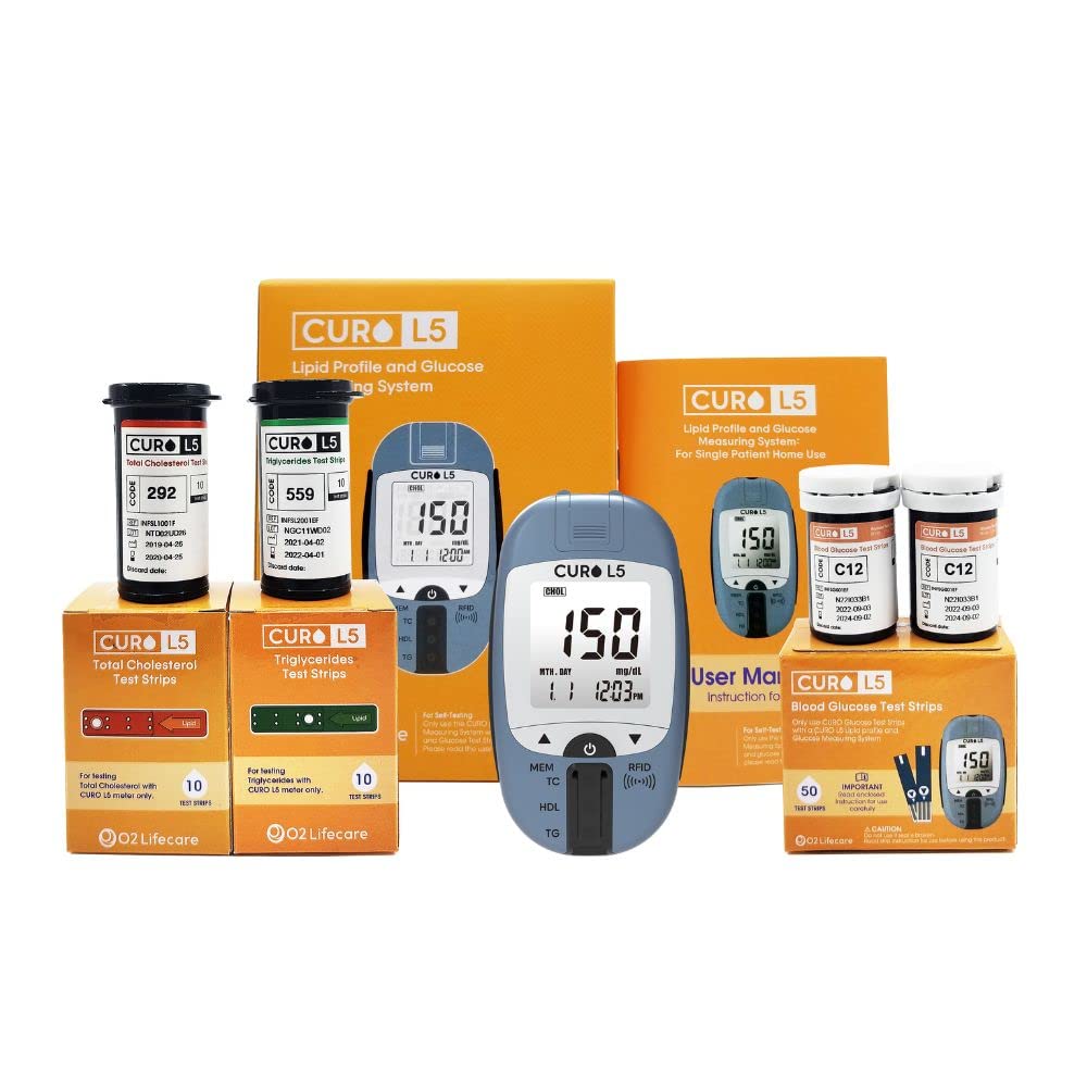 Home Blood Cholesterol Test Kit - CURO L5 Digital Meter - (10 Total Cholesterol Strips & 10 Triglycerides Test Strips and 50 Glucose Test Strips Included) Home Blood Cholesterol Test Kit - CURO L5 Digital Meter - (10 Total Cholesterol Strips & 10 Triglycerides Test Strips and 50 Glucose Test Strips Included)