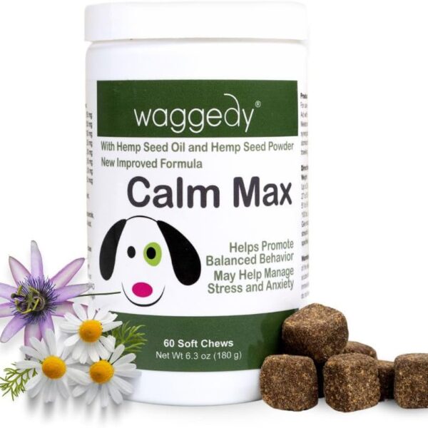 waggedy Calm Max  Calming Chews for Dogs for Balanced Behaviour & Anxiety Relief  Calming Dog Treats for Travel, Fireworks & Separation  Dog Supplements & Vitamins (60 Chews)