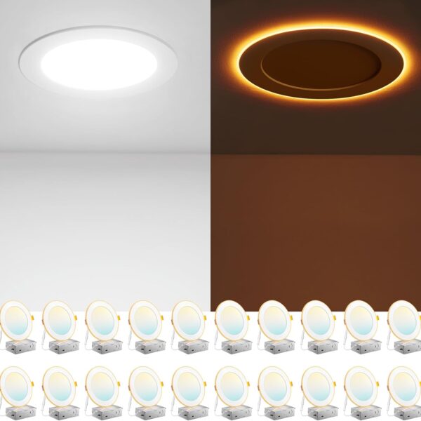 Amico 20 Pack 6 Inch 5CCT LED Recessed Ceiling Light with Night Light, 2700K/3000K/3500K/4000K/5000K Selectable Ultra-Thin Recessed Lighting, 12W=110W, 1100LM, Dimmable Canless Wafer Downlight ETL&FCC