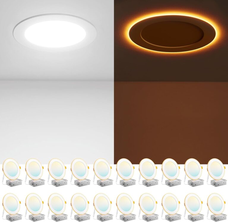 Amico 20 Pack 6 Inch 5CCT LED Recessed Ceiling Light with Night Light, 2700K/3000K/3500K/4000K/5000K Selectable Ultra-Thin Recessed Lighting, 12W=110W, 1100LM, Dimmable Canless Wafer Downlight ETL&FCC