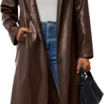 Trendy Queen Womens Long Lapel Faux Leather Jackets Trench Dress Coat Blazer Three Breasted Open Front Peacoat with Belt