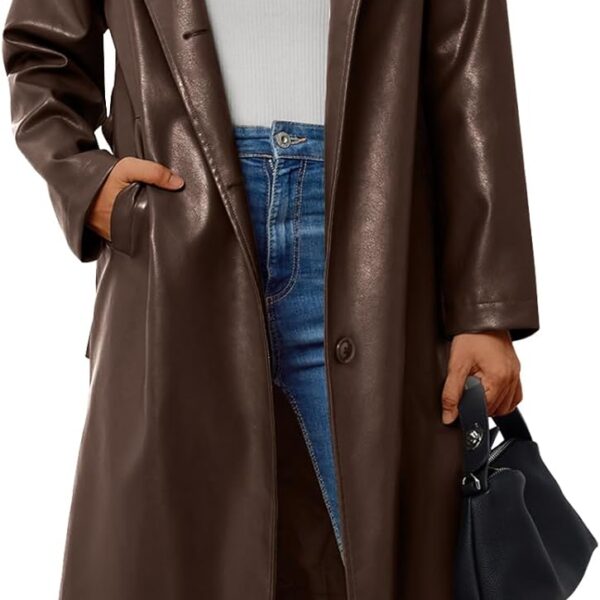 Trendy Queen Womens Long Lapel Faux Leather Jackets Trench Dress Coat Blazer Three Breasted Open Front Peacoat with Belt