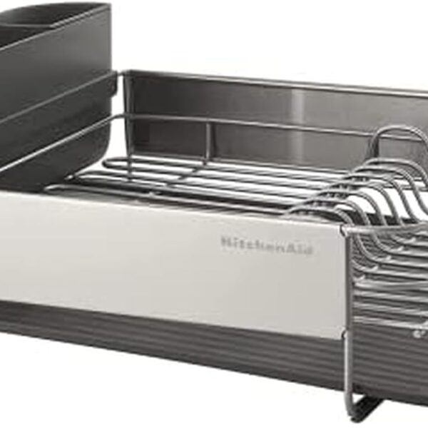 KitchenAid Large Capacity, Fully Size Self Draining Rust Resistatant Satin Coated Dish Rack with Removable Flatware Caddy 20.47-Inch, Gray