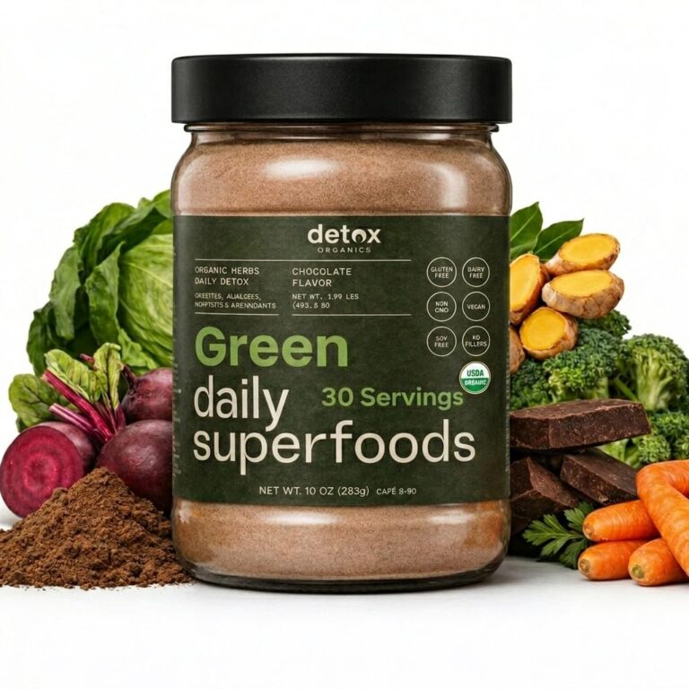 Greens Superfood Powder - Chocolate Flavor to Cleanse & Detox - Smoothie Mix Supplement with Organic Digestive Enzymes, Immune Support, Bloating Relief, Vegan, Low-Carb 30 Servings - by Detox Organics